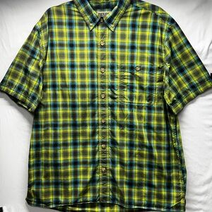 Duluth Trading Co Mens BBQ Relaxed Fit Short Sleeve Shirt Yellow Blue Plaid Sz L